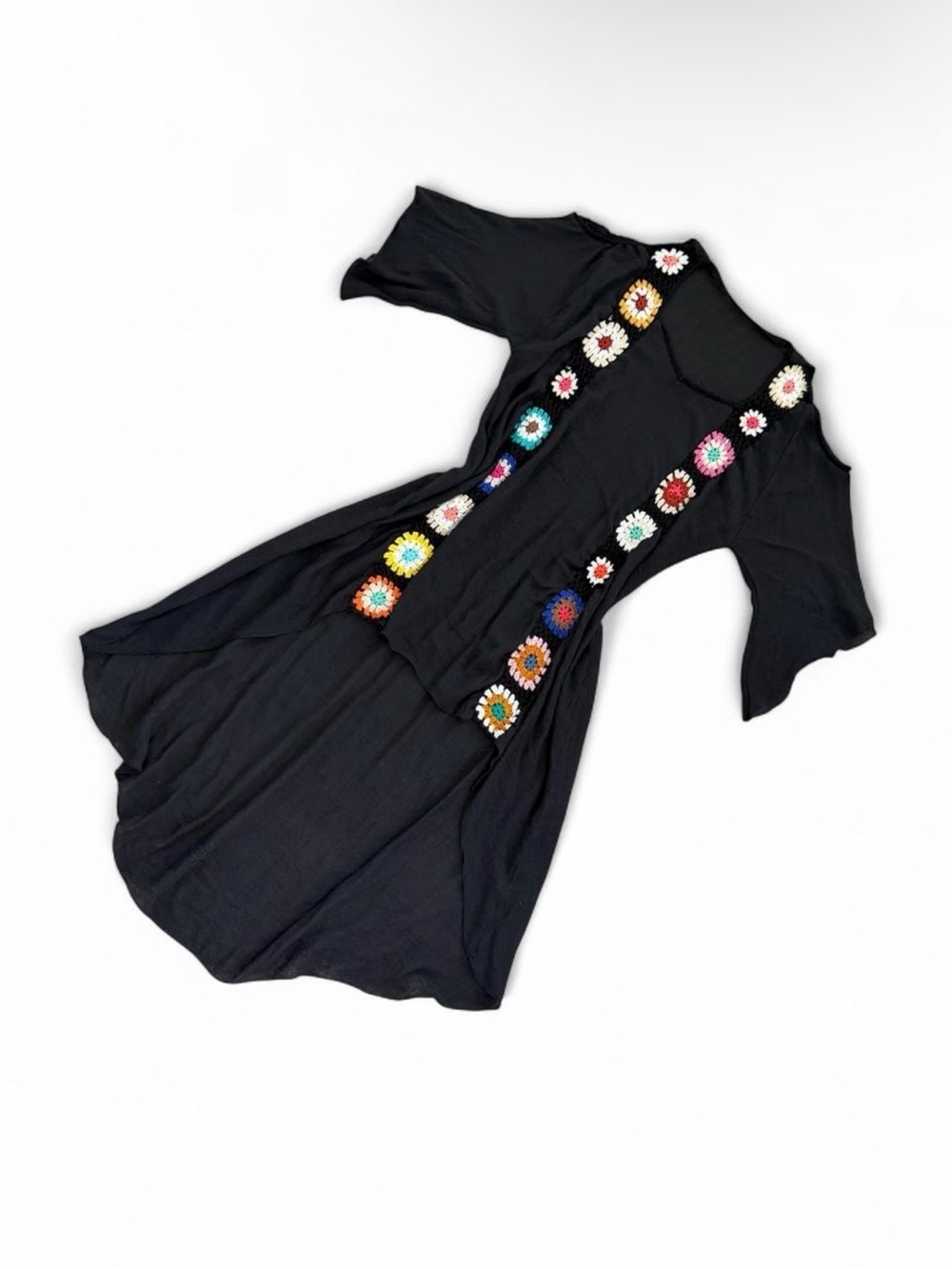Black Cold-Shoulder Tunic with Multicolor Crochet Flower Trim - Picture 4 of 4